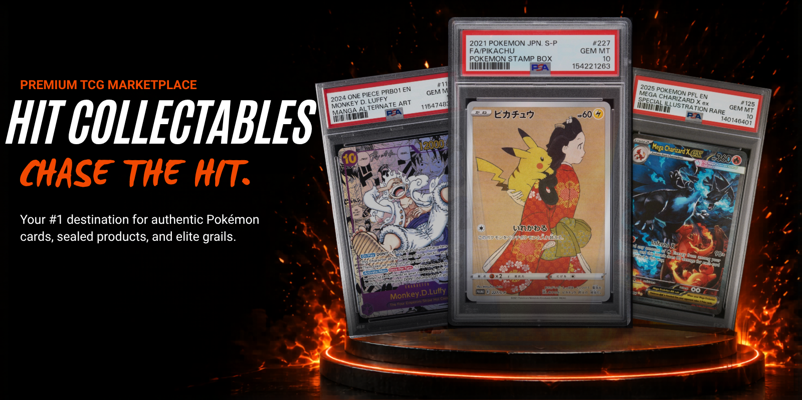 Pokémon trading cards displayed on a stand with promotional text for Hit Collectables.